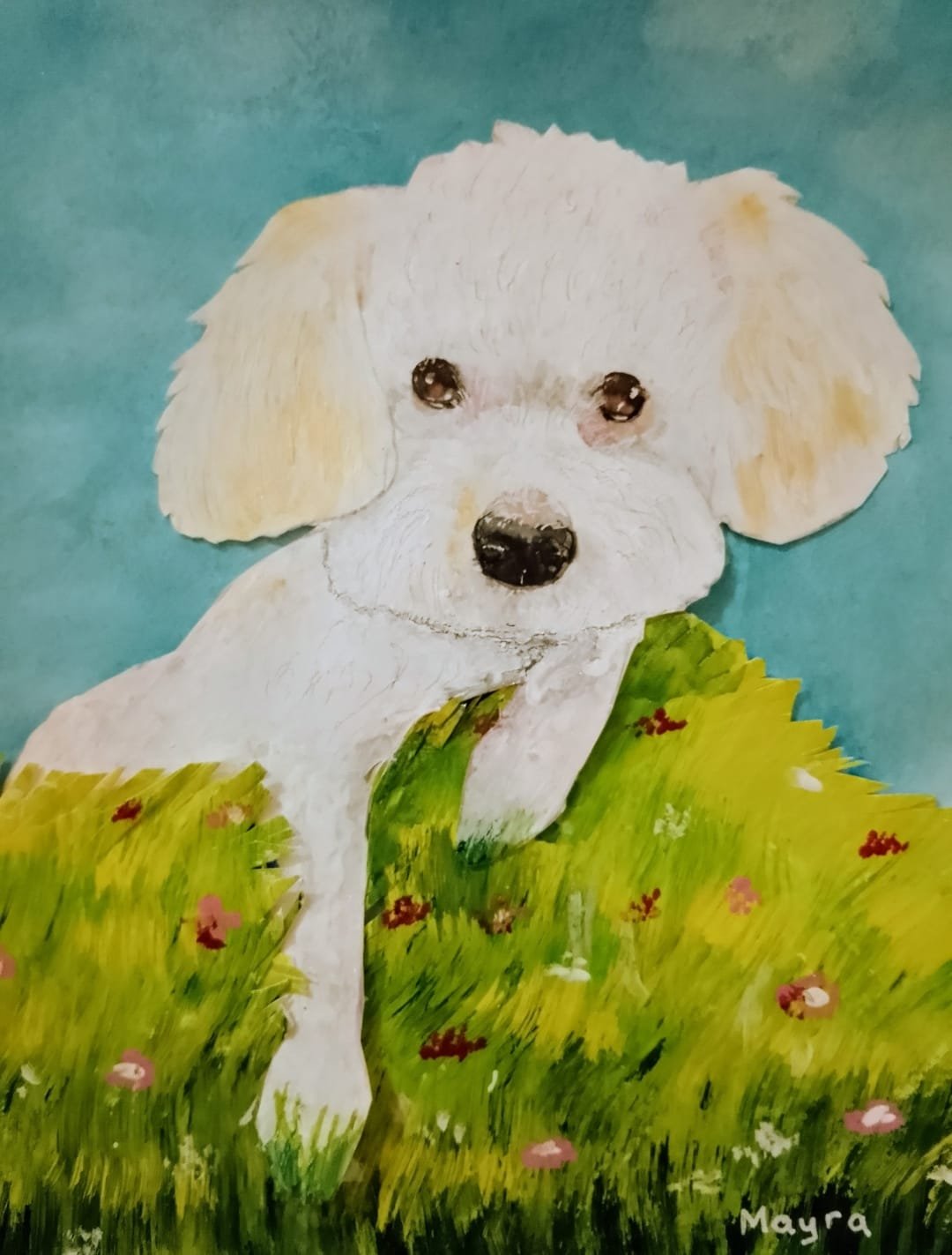 Retrato en acuarela de un perro blanco sobre un paisaje turquesa