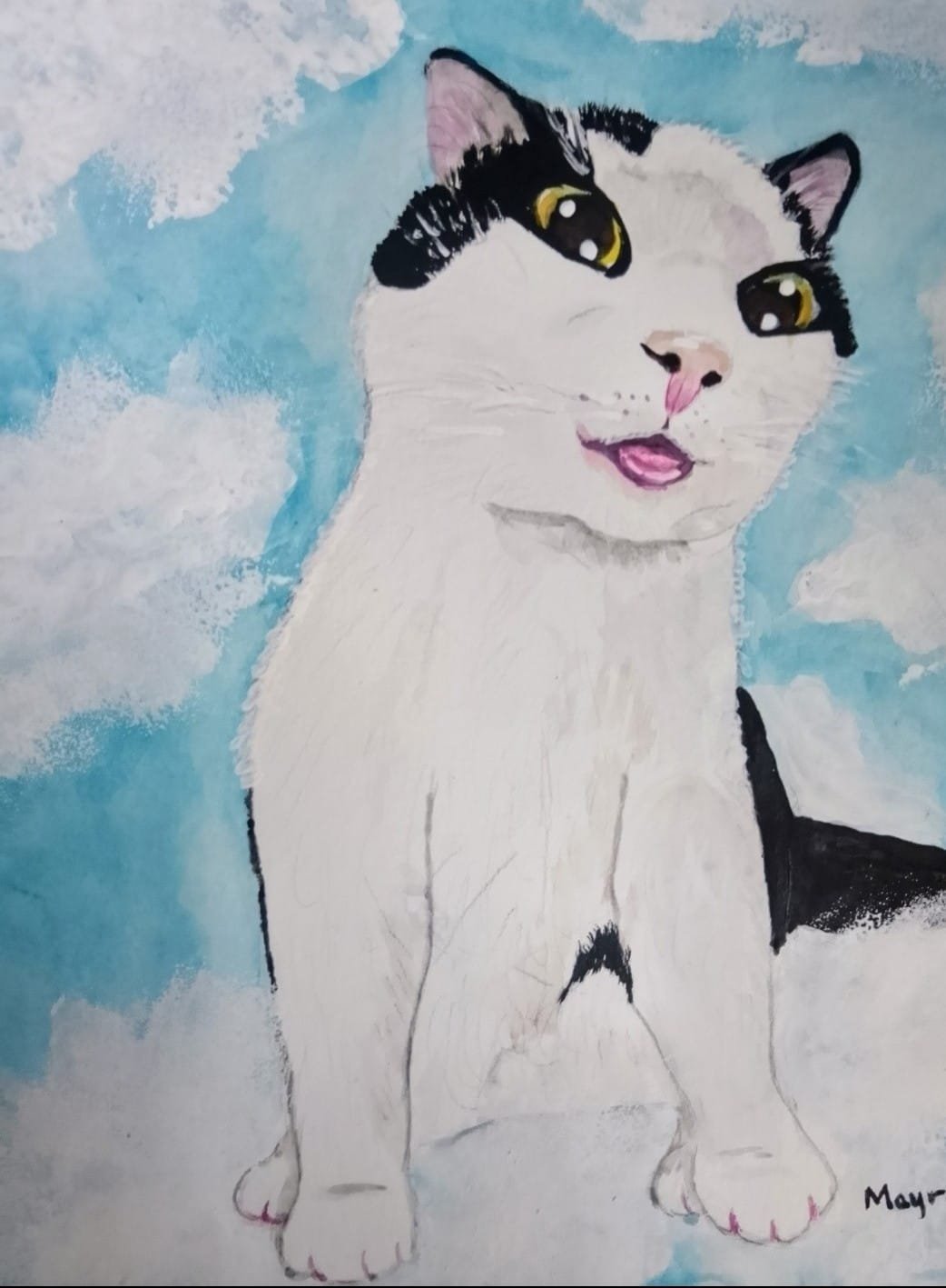 Retrato en acuarela de un gato blanco y negro entre nubes