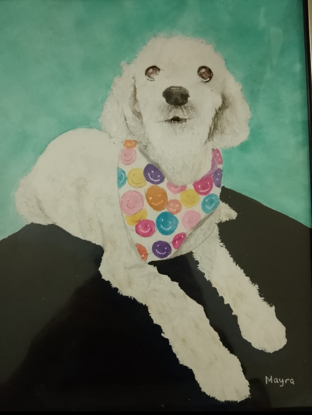 Retrato en acuarela de un perro blanco con pañuelo de colores