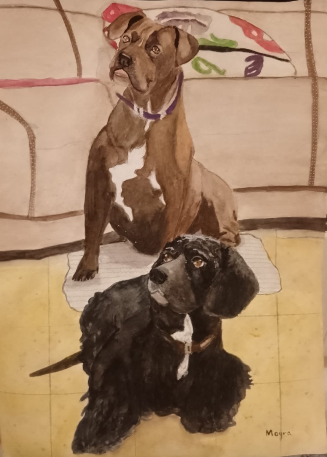 Retrato en acuarela de dos perros juntos en casa
