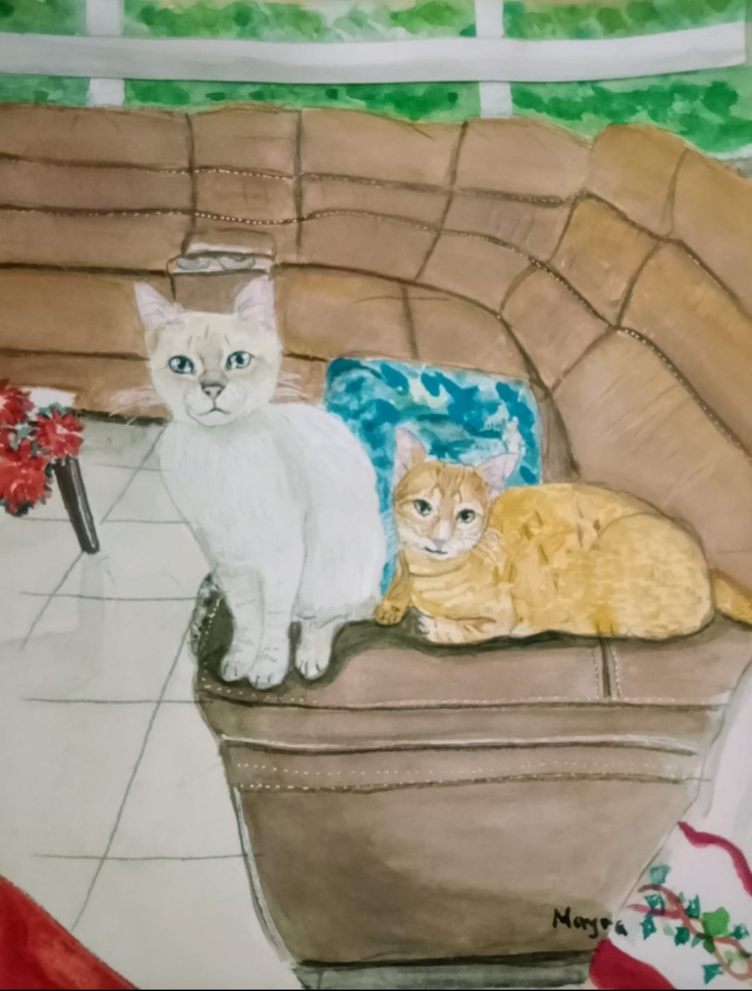 Retrato en acuarela de dos gatos sobre un sillón