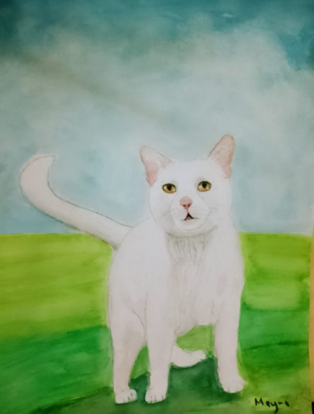 Retrato en acuarela de un gato blanco sobre un campo verde