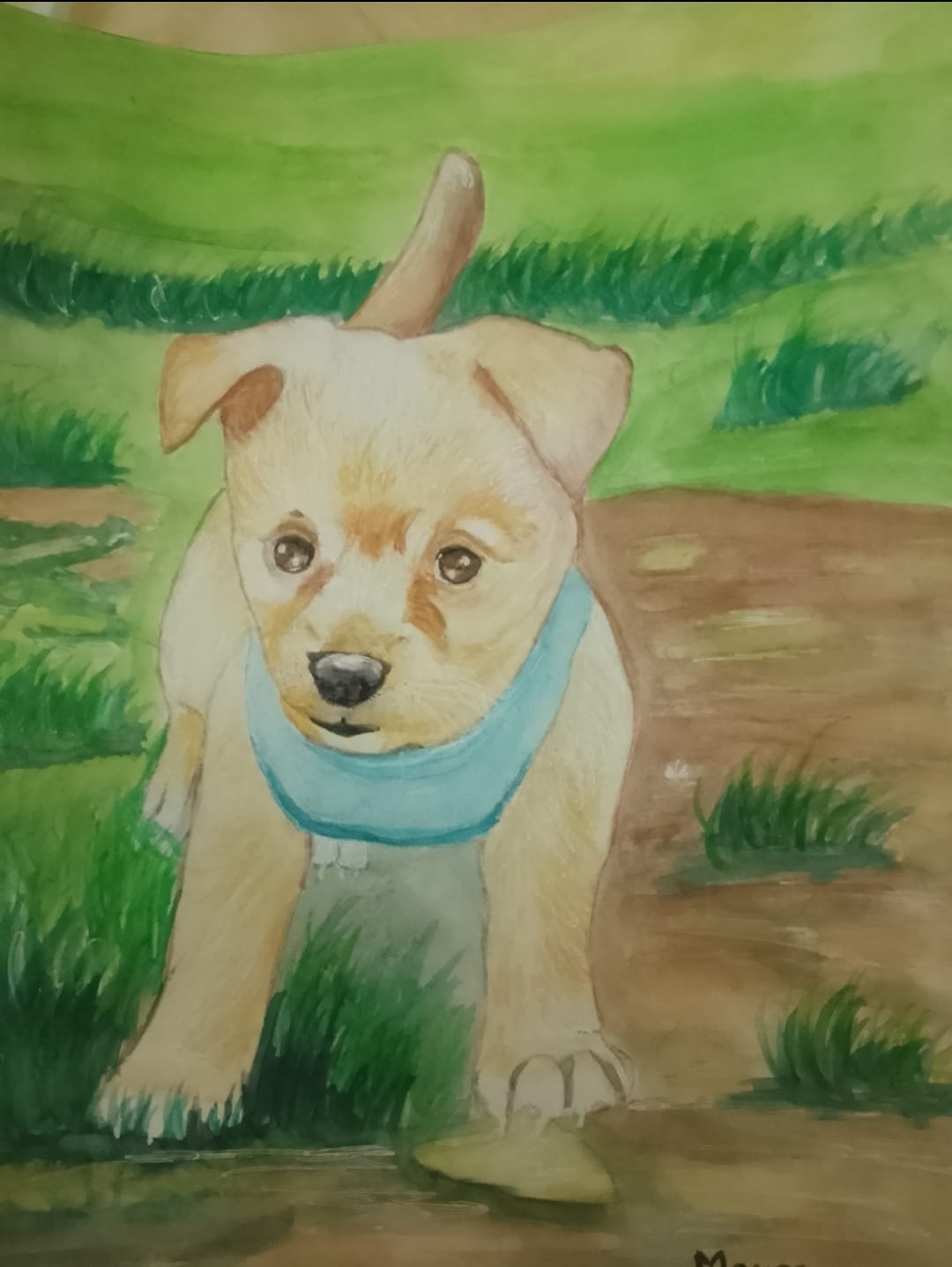 Retrato en acuarela de un cachorro en el campo