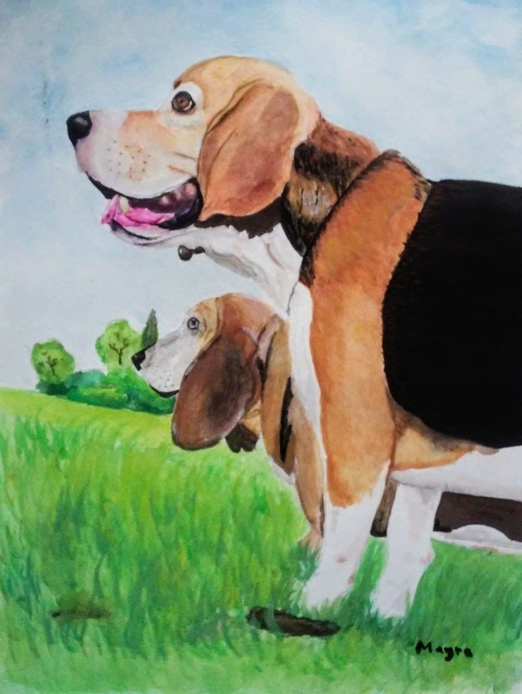 Retrato en acuarela de dos perros caminando juntos por el campo