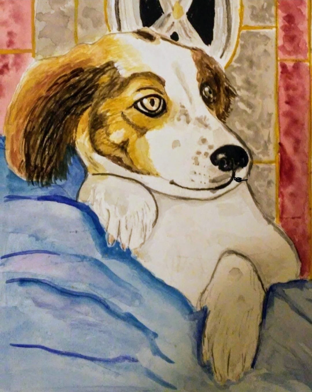 Retrato en acuarela de un perro recostado entre mantas