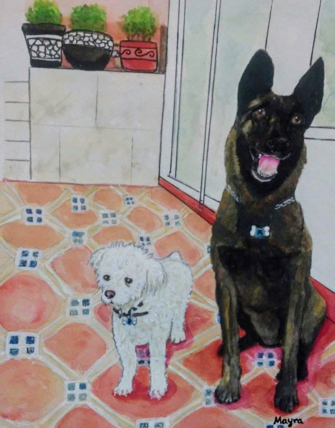 Retrato en acuarela de dos perros sentados juntos en casa