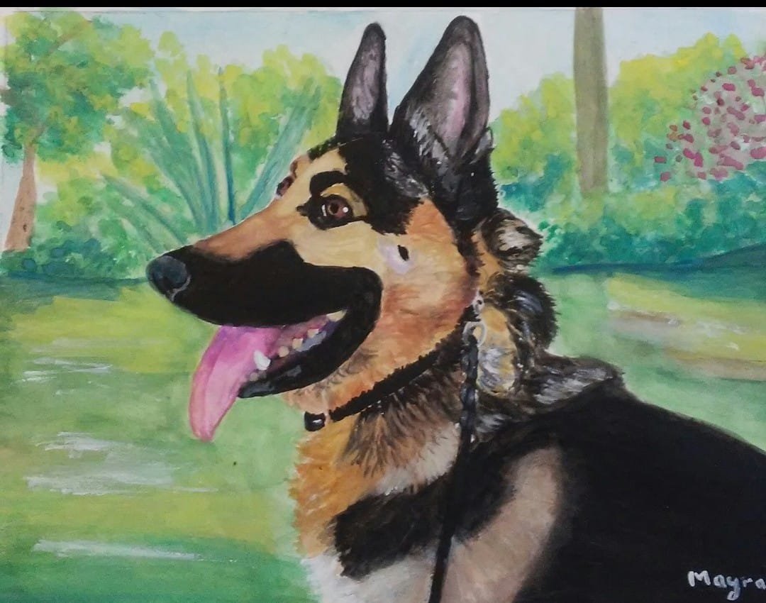 Retrato en acuarela de un perro pastor en un paisaje verde