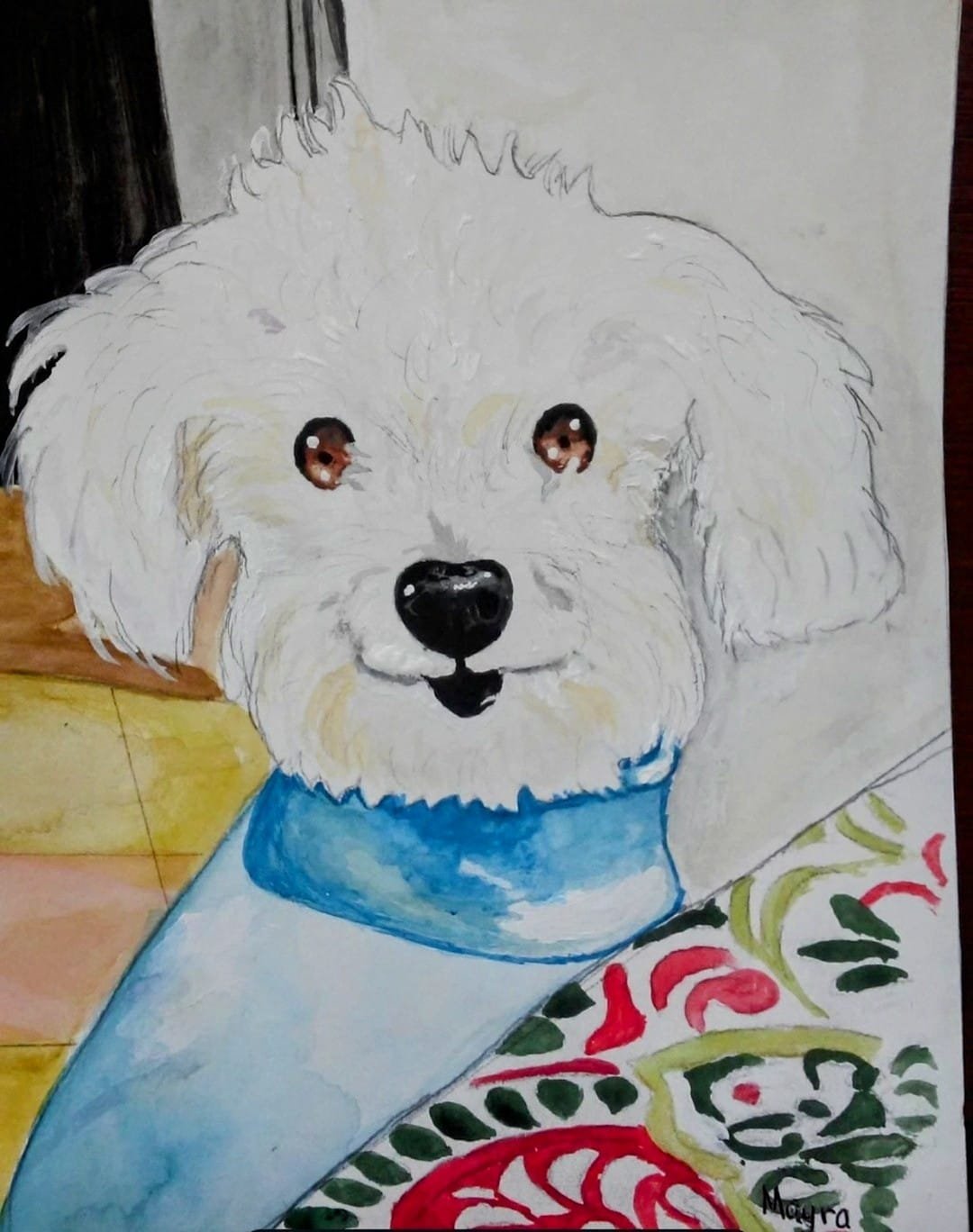 Retrato en acuarela de un perro blanco con pañuelo azul