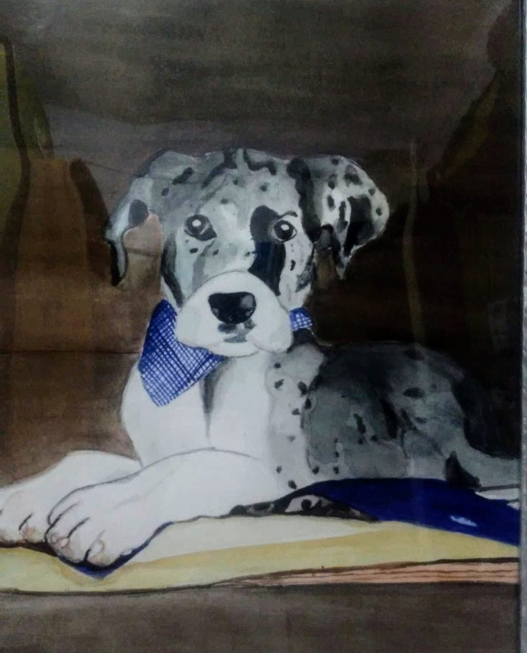 Retrato en acuarela de un perro moteado con moño azul