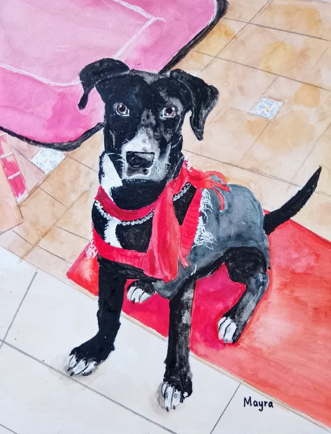 Retrato en acuarela de un perro buscando la mirada de su persona
