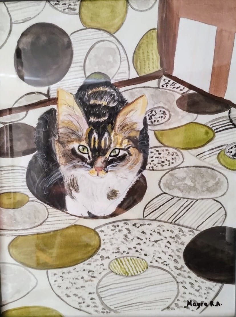 Retrato en acuarela de un gato entre motivos circulares