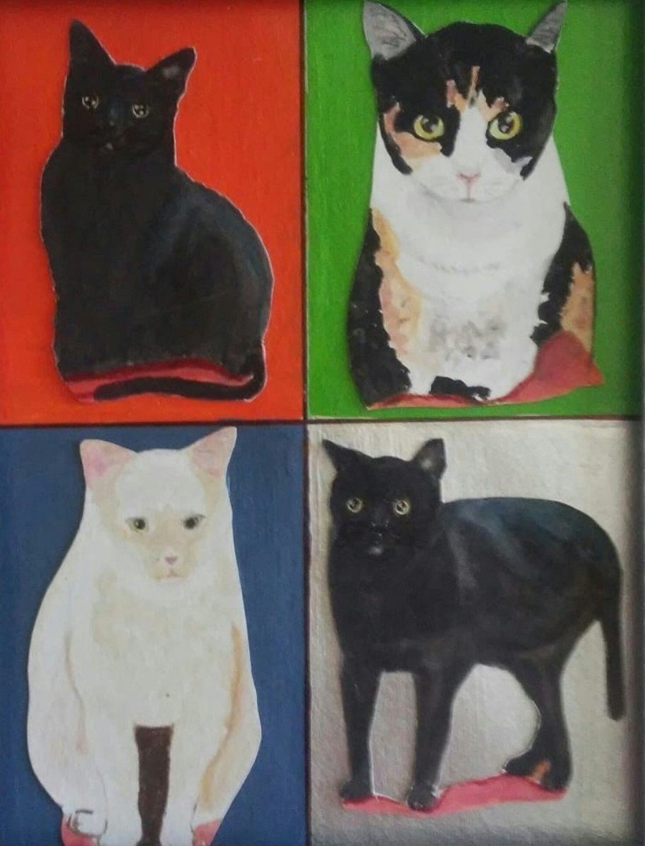 Composición en acuarela de cuatro gatos