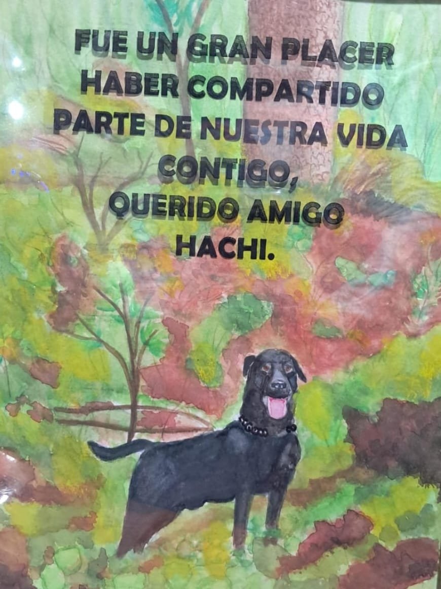 Obra conmemorativa en acuarela de un perro en un paisaje