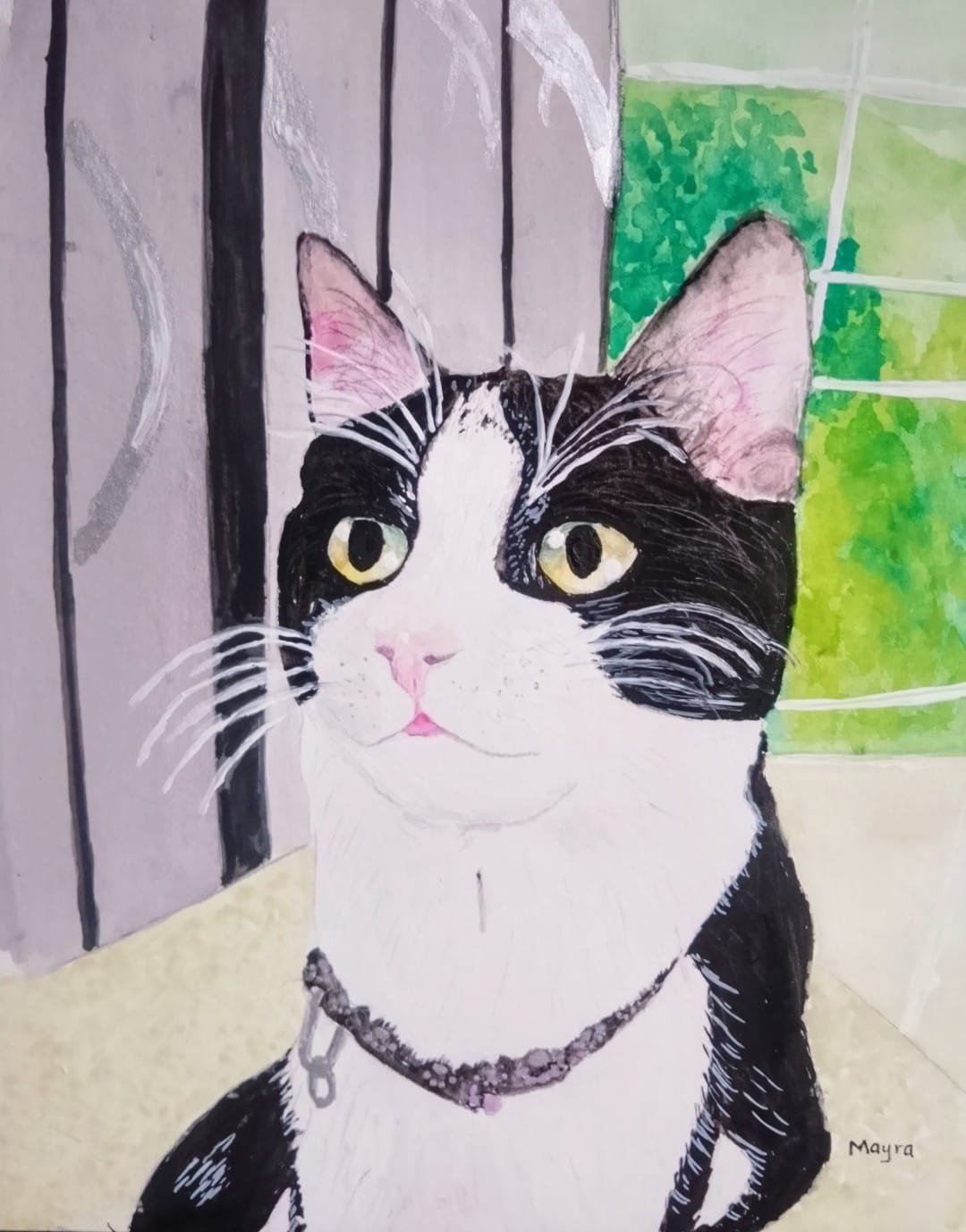 Retrato en acuarela de un gato blanco y negro