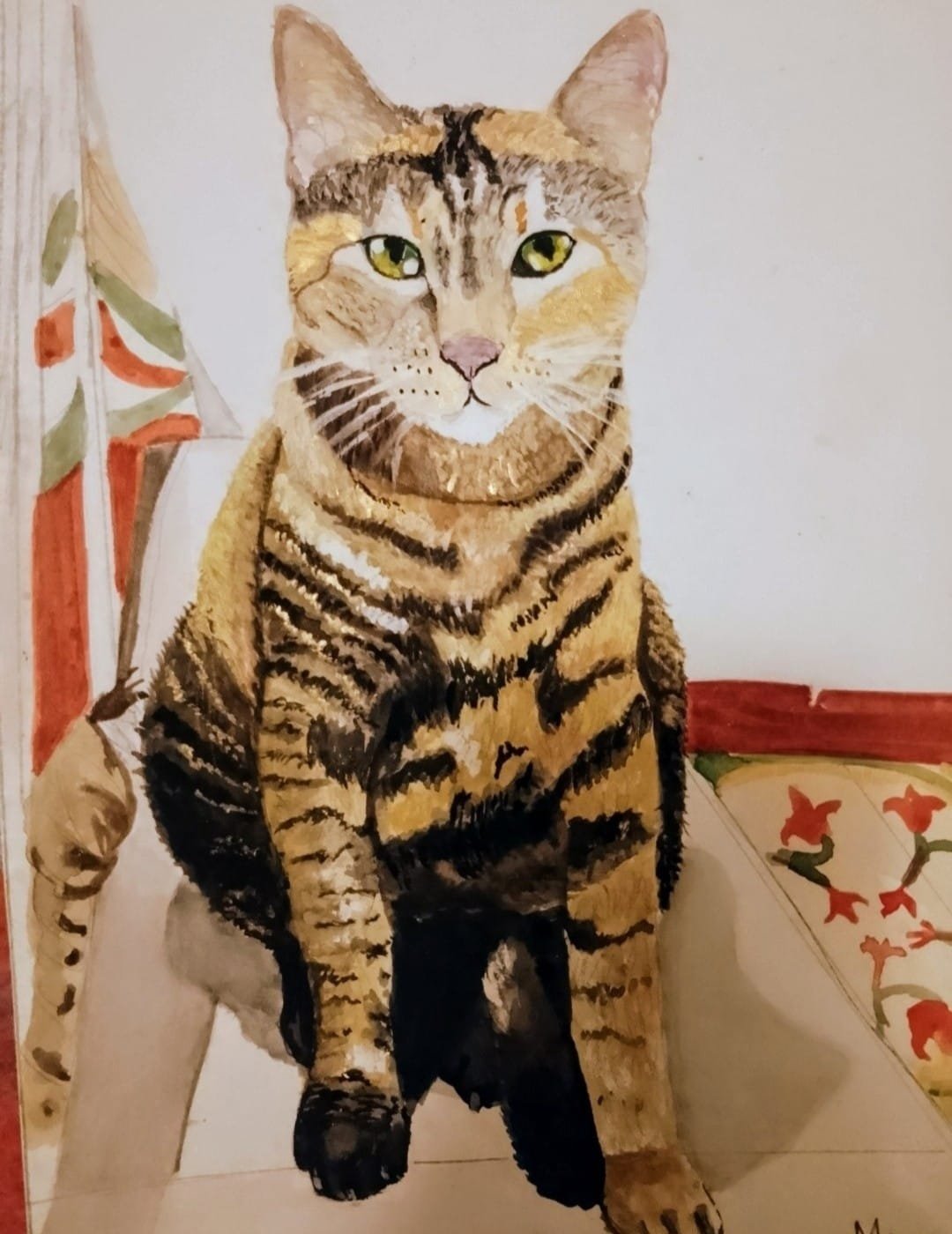 Retrato en acuarela de un gato atigrado