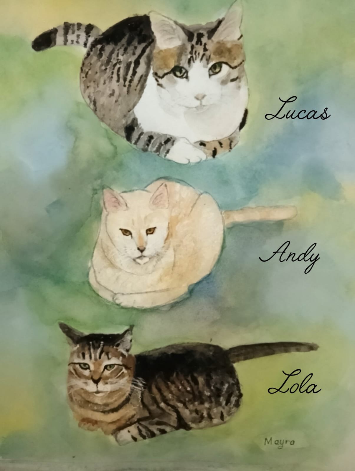 Retrato en acuarela de los gatos Lucas, Andy y Lola